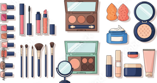 Makeup cosmetics collection with lipsticks brushes eyeshadow palettes foundation and beauty products flat vector illustration set