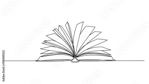 A simple line drawing of an open book. Continuous line style. Hand drawn. Line art. Vector design. illustration