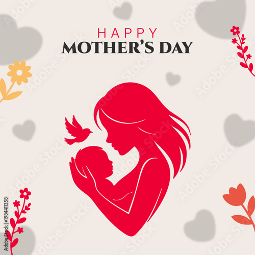 happy mothers day mom and baby silhouette design, modern mothers day greeting card floral background, cute mother holding baby love illustration template, minimal mothers day poster with hearts and fl
