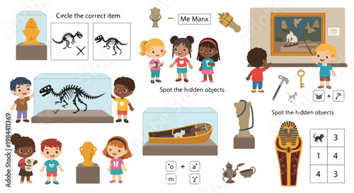 Colorful illustration of children engaging in museum activities with educational tasks and interactive games on a white background with a playful and learning mood.