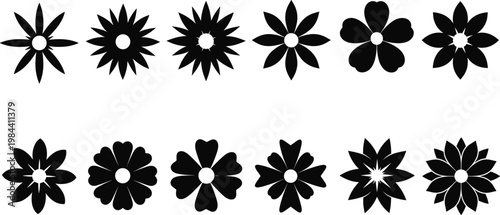 Black flower silhouette icon set with various petal shapes minimal floral vector collection isolated on white background