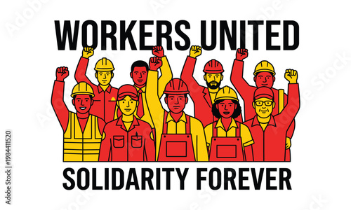 Diverse group of industrial workers standing together with raised fists for labor rights, union solidarity, and collective bargaining power, illustration.