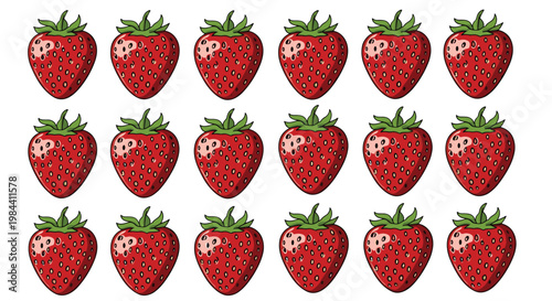 Large collection of many fresh red strawberries arranged in a grid for fruit background, pattern use, and healthy eating concepts.