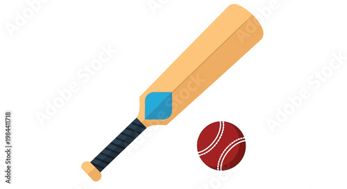 A colorful illustration depicting a cricket bat and a red cricket ball