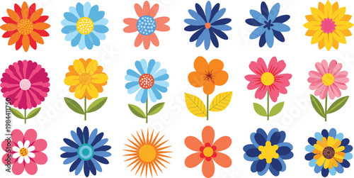 Colorful floral icon set with bright cartoon flowers flat vector collection cheerful spring blossom elements isolated on white background