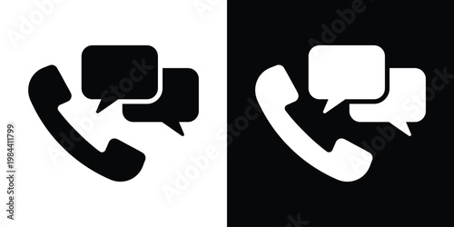 Professional communication icon showing a telephone handset with speech bubbles. Ideal for customer service, technical support, contact us pages, and telemarketing concepts. Bold solid style.
