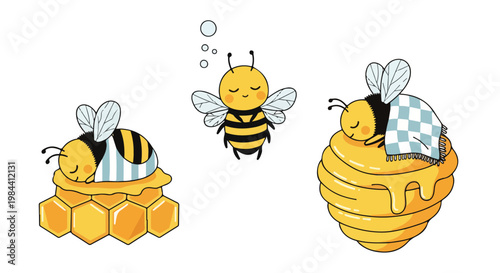 Three cartoon bees sleeping on honeycombs with one dreaming, against a clean white background in a cute and peaceful mood.
