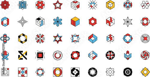 Colorful geometric icon set with abstract shapes cubes stars and modern symbols flat vector collection isolated on white background
