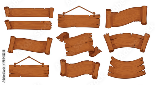 Collection of various wooden signs and banners including planks and scrolls in different shapes for decorative messaging.