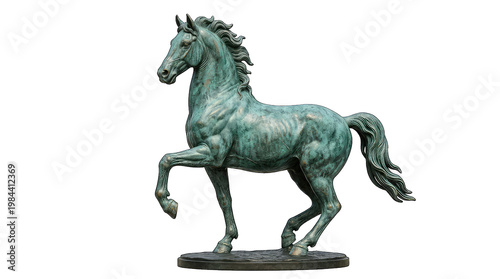 Bronze statue of rearing horse with dynamic motion isolated on transparent background