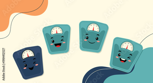 Collection of cute bathroom scale characters with smiling and winking faces on a decorative colorful abstract background.