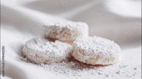 Powdered sugar cookies arranged on white cloth background