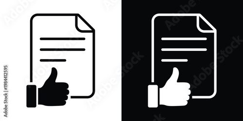 Approval icon featuring a document with a thumbs-up hand gesture. Symbolizes successful verification, passed inspection, positive feedback, and project acceptance for business use.