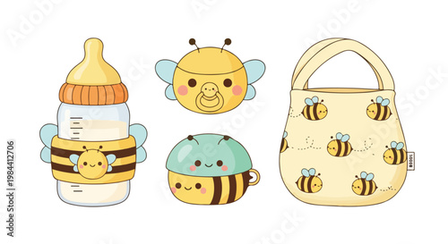 Set of baby items with bee designs on a white background including a bottle, pacifier, and bag.