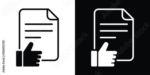 Approval icon featuring a document with a thumbs-up hand gesture. Symbolizes successful verification, passed inspection, positive feedback, and project acceptance for business use.