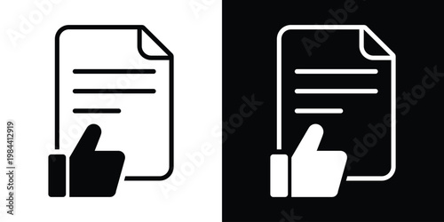 Approval icon featuring a document with a thumbs-up hand gesture. Symbolizes successful verification, passed inspection, positive feedback, and project acceptance for business use.