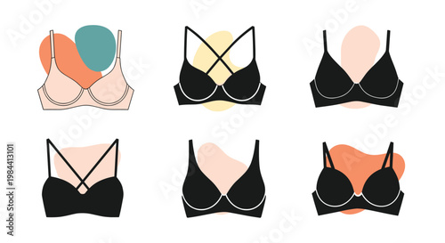 Set of various women lingerie styles including different bra designs in black and beige tones with abstract backgrounds.