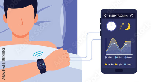A man wearing a smartwatch tracks his sleep patterns on a smartphone app at night