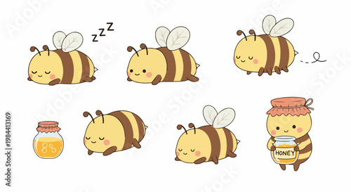 Set of cute cartoon bees and a honey jar on a white background, with various expressions and sleeping bee with zzz bubbles.