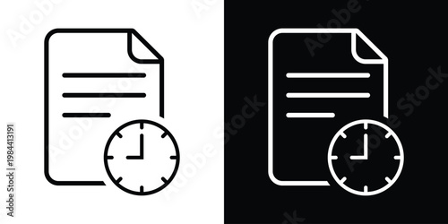 Document and clock icon representing deadlines, time management, scheduled reports, and history. Perfect for planning, efficiency, and project timeline concepts in a minimalist style.