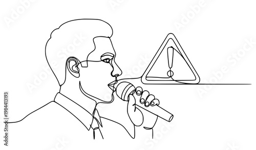 Minimal Black and White Alert Man Microphone Speech Continuous Line Art Vector Illustration