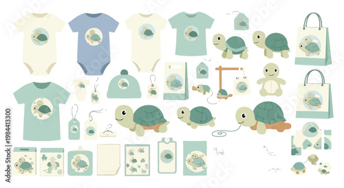 Flat lay of various baby items and turtle toys on a white background with a pastel green and blue color palette.