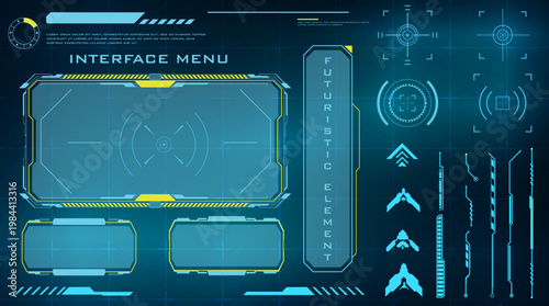 Futuristic digital heads-up display interface elements set, ideal for advanced technology, cyber gaming, and virtual reality concepts