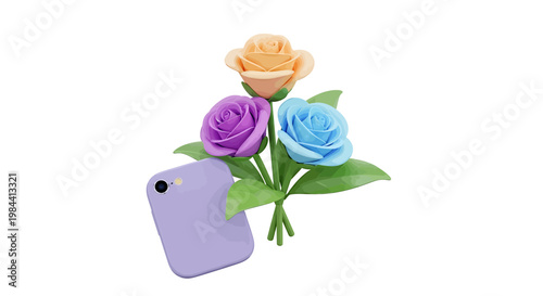 A delightful 3D illustration featuring a bouquet of vibrant roses and a modern smartphone, symbolizing communication and affection