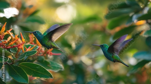Two hummingbirds hovering near tropical flowers in lush green foliage