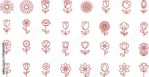 Red line floral icon set with various flowers minimal outline vector collection isolated on white background botanical decorative elements pack