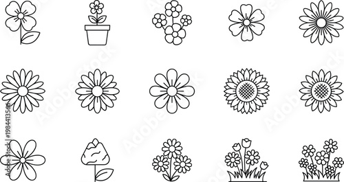Minimal Line Art Flower Icon Set with Daisies Sunflowers and Potted Plants Simple Outline Floral Collection for Design and Coloring Pages