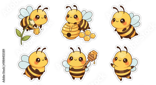 Six cartoon bees in various poses with different expressions on a white background with a playful and cheerful mood.
