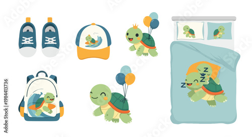 Flat lay of various turtle-themed items for a child's bedroom including bedding and accessories on a white background.