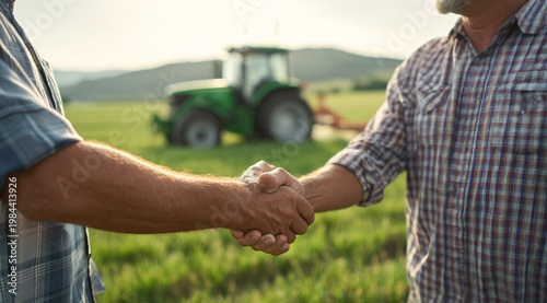 Farmers shaking hands in field with tractor in background