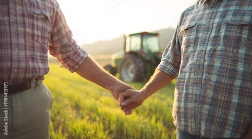 Two farmers holding hands in field with tractor in background