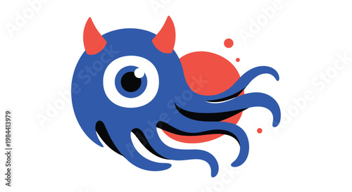 Creative illustration of a one eyed blue monster with red horns and tentacles against a vibrant red background.