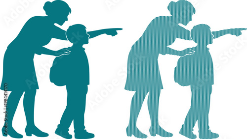 Two teal silhouettes of woman scolding a child pointing