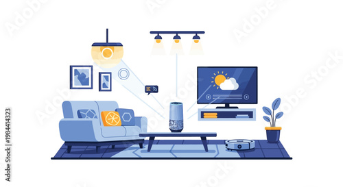 A smart home setup with a couch, coffee table, TV, and various smart devices connected to the internet for seamless control and automation.