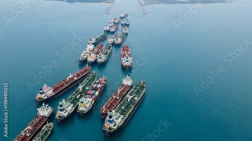 Queue of tanker ships in sea isolated on light background representing congestion, delays and global shipping problems.