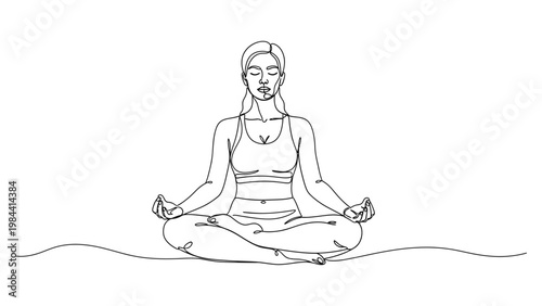 Woman meditating in lotus position. Continuous line style. Hand drawn. Line art. Vector design. illustration
