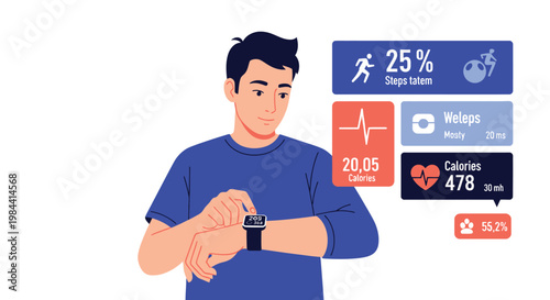 A man checking his smartwatch with fitness tracking data displayed on the screen