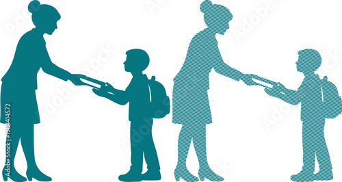 Teal silhouettes of women handing papers to boys with backpacks