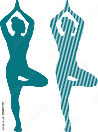 Two women in teal yoga poses on white background silhouettes