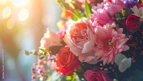 Lush fresh flower bouquet on elegant table, romantic Women Day, Mother Day celebration concept, rich vibrant floral colors, bokeh background