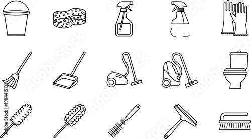 Collection of black and white line for cleaning tools and supplies household hygiene sanitation
