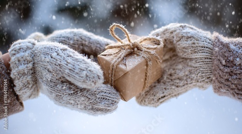Gloved hands exchanging small wrapped gift in snowy winter scene