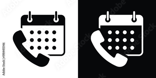 Appointment booking icon featuring a calendar and a phone handset. Represents scheduled calls, meeting reminders, consultation bookings, and customer service planning. Bold flat design.