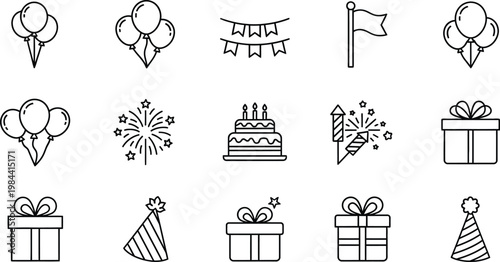 Collection of black outline celebration including balloons gifts cake fireworks and party hats party supplies
