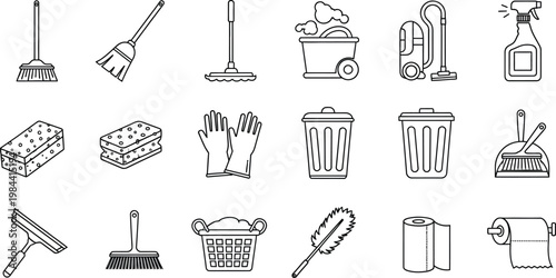 Collection of black outline cleaning tools and supplies on white background broom vacuum cleaner bucket