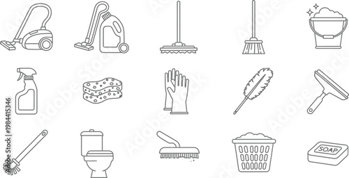 Collection of cleaning supplies and tools in outline style hygiene household domestic